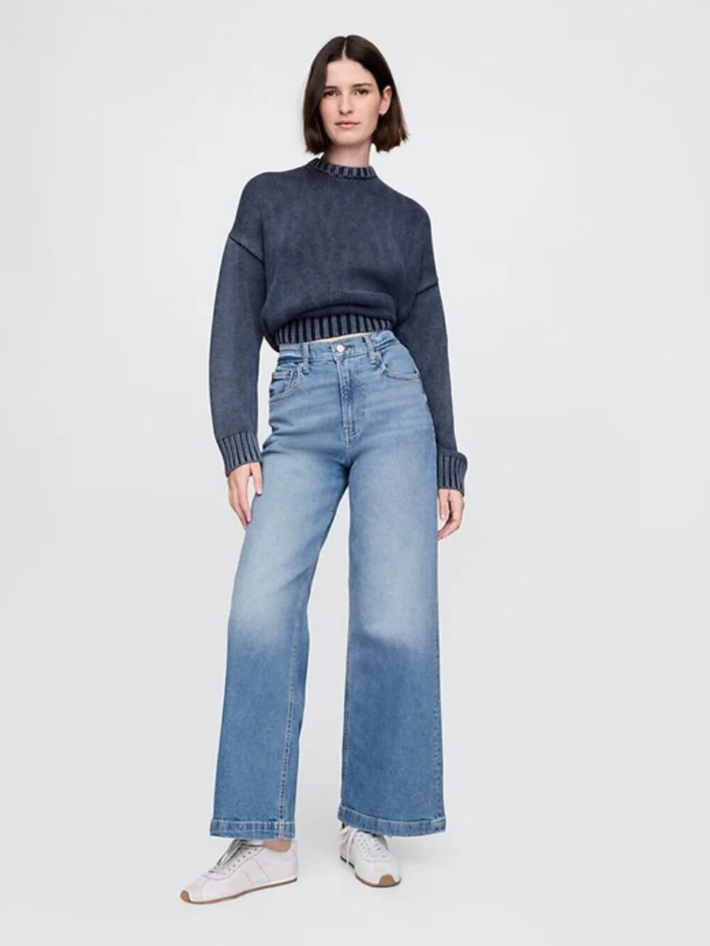 Gap High Rise Stride Wide-Leg Ankle Jeans 33R Medium Indigo High Waisted Denim